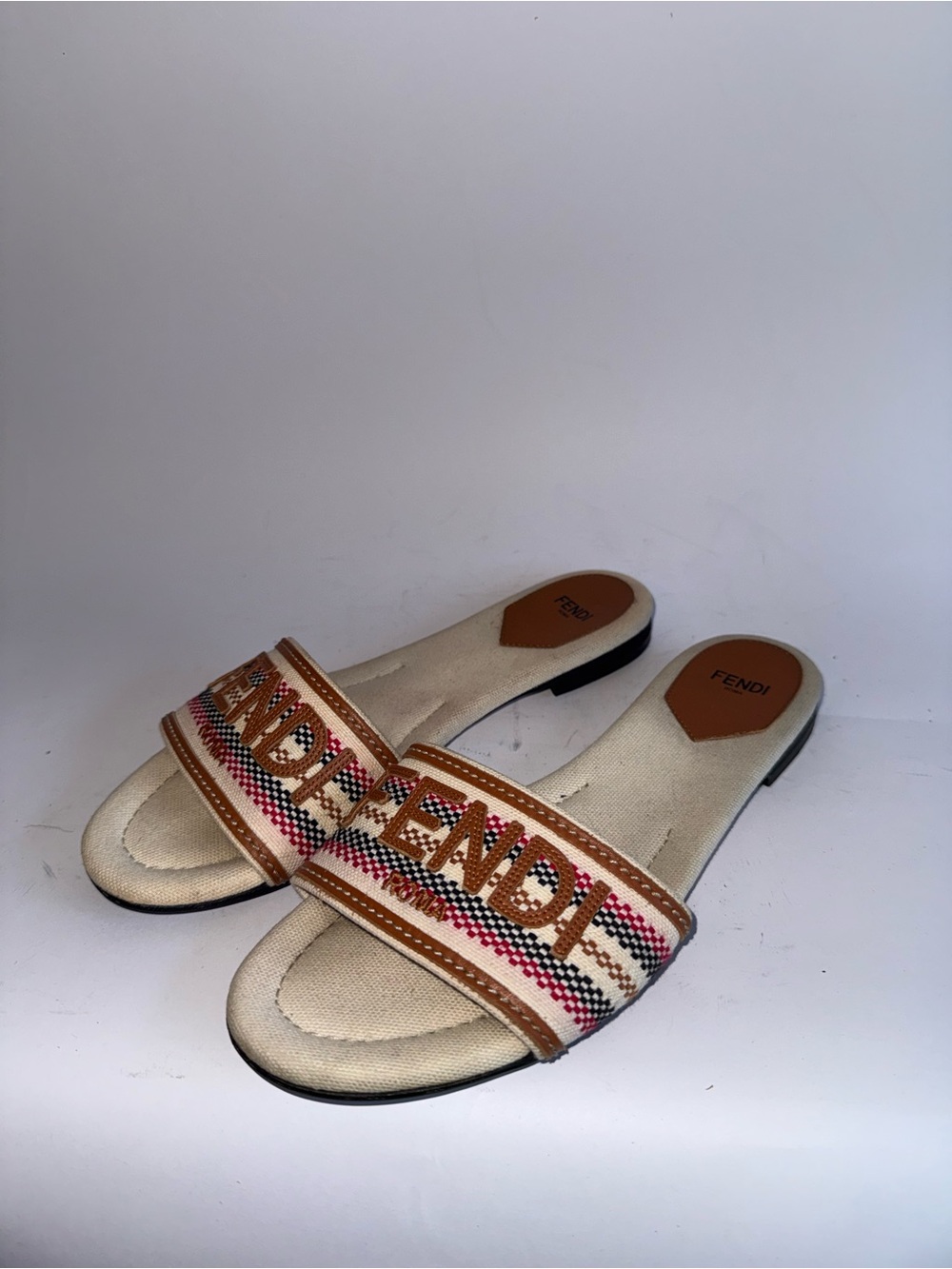 Fendi Sunshine Slide Sandals White Striped Canvas Women’s Size 39